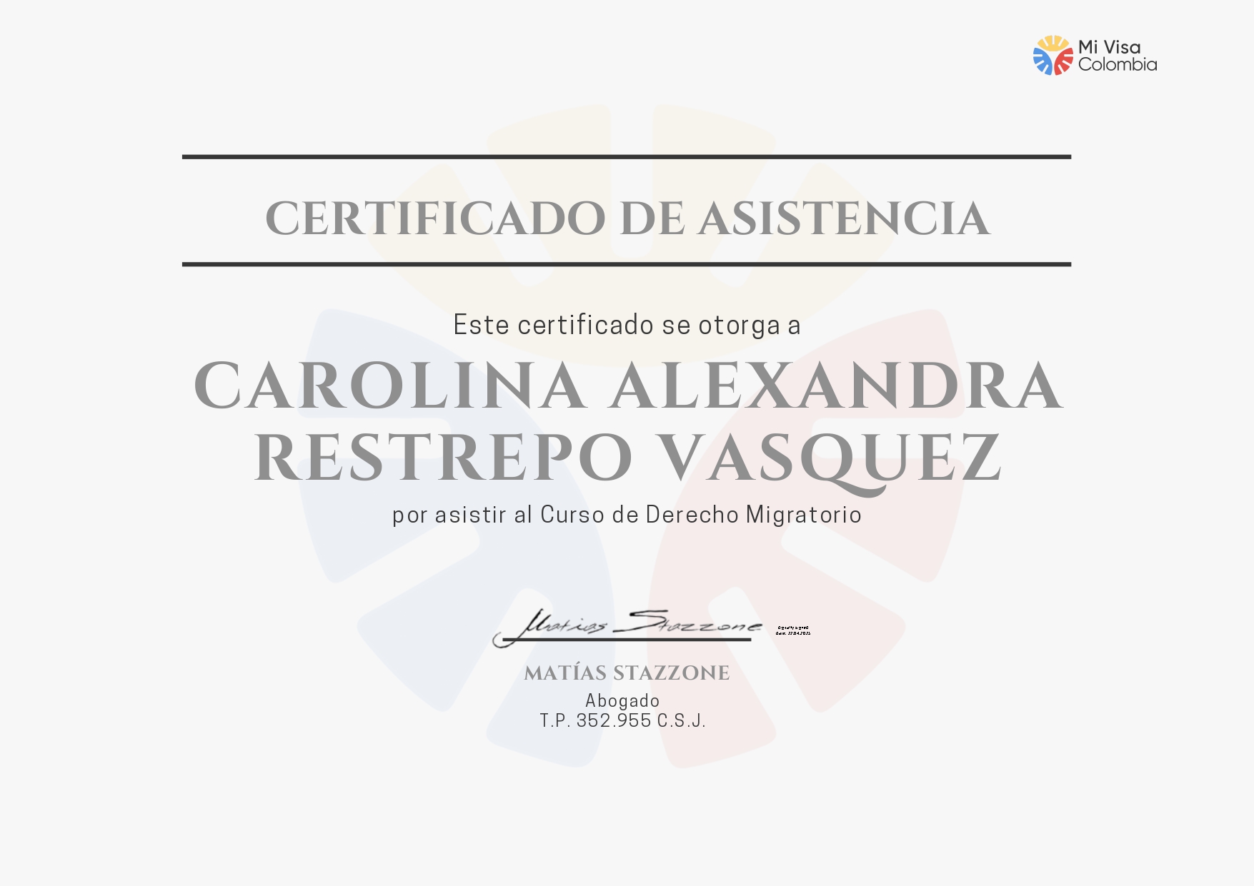 Certificado de Asistencia — Curso de Derecho Migratorio