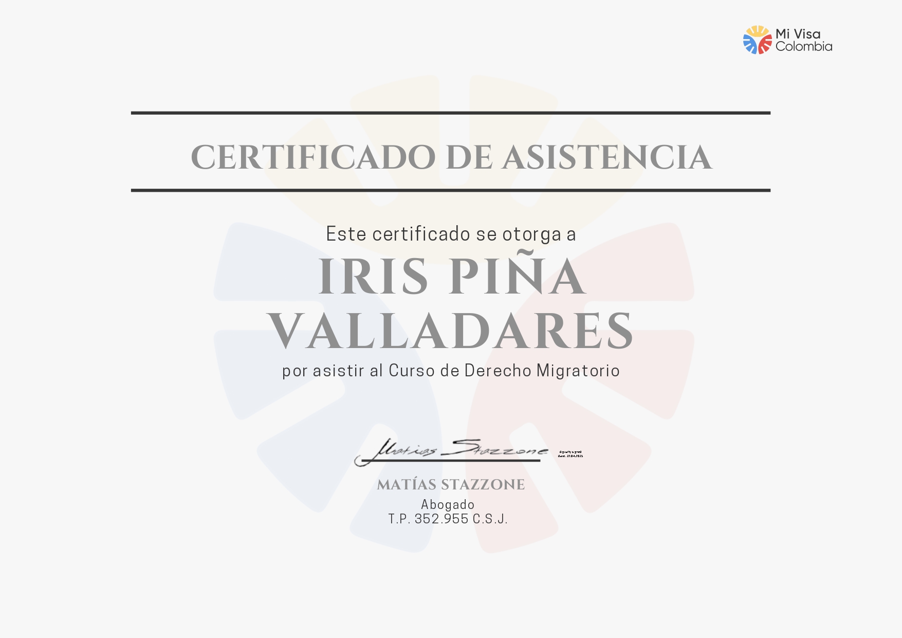 Certificado de Asistencia — Curso de Derecho Migratorio