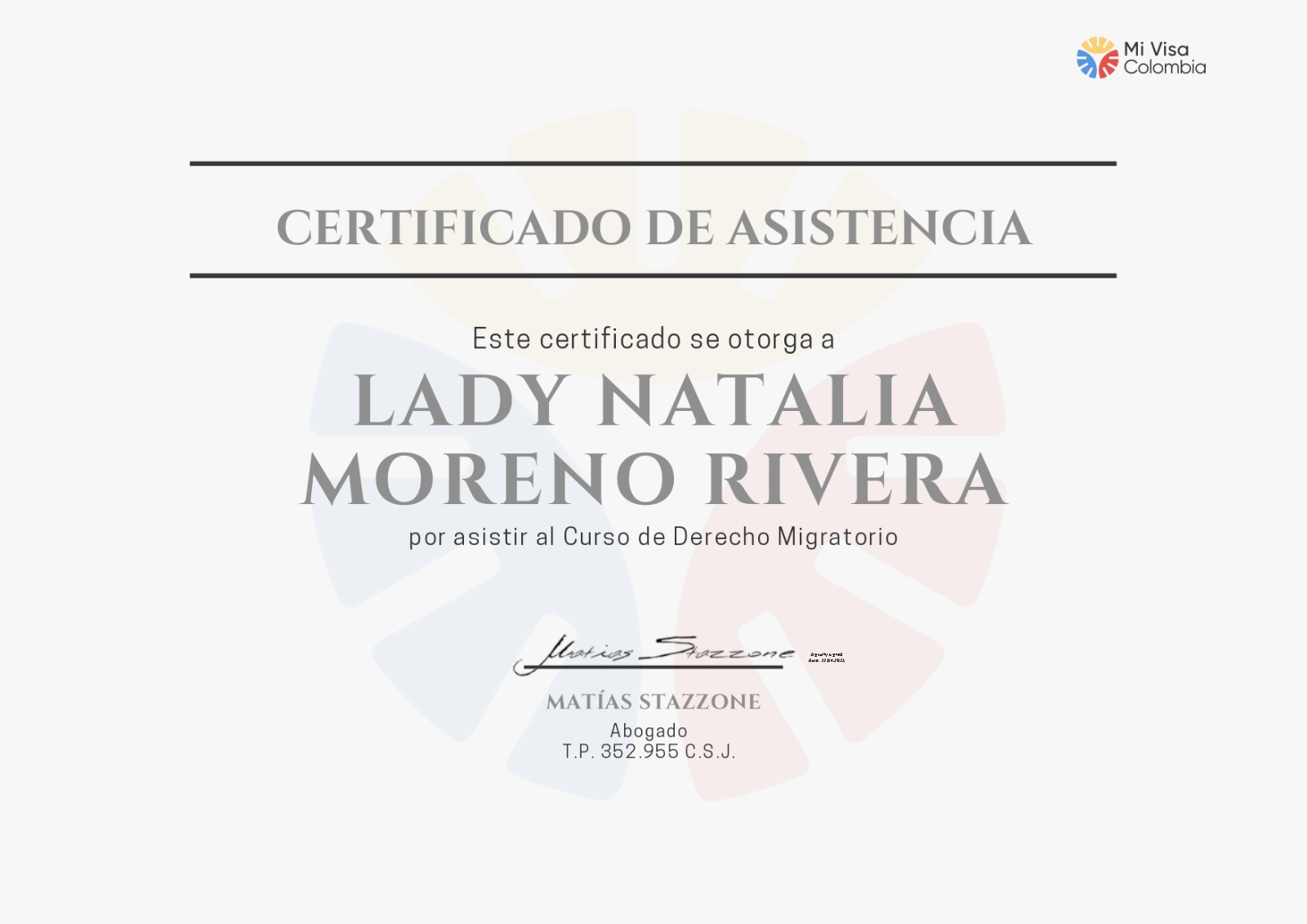 Certificado de Asistencia — Curso de Derecho Migratorio