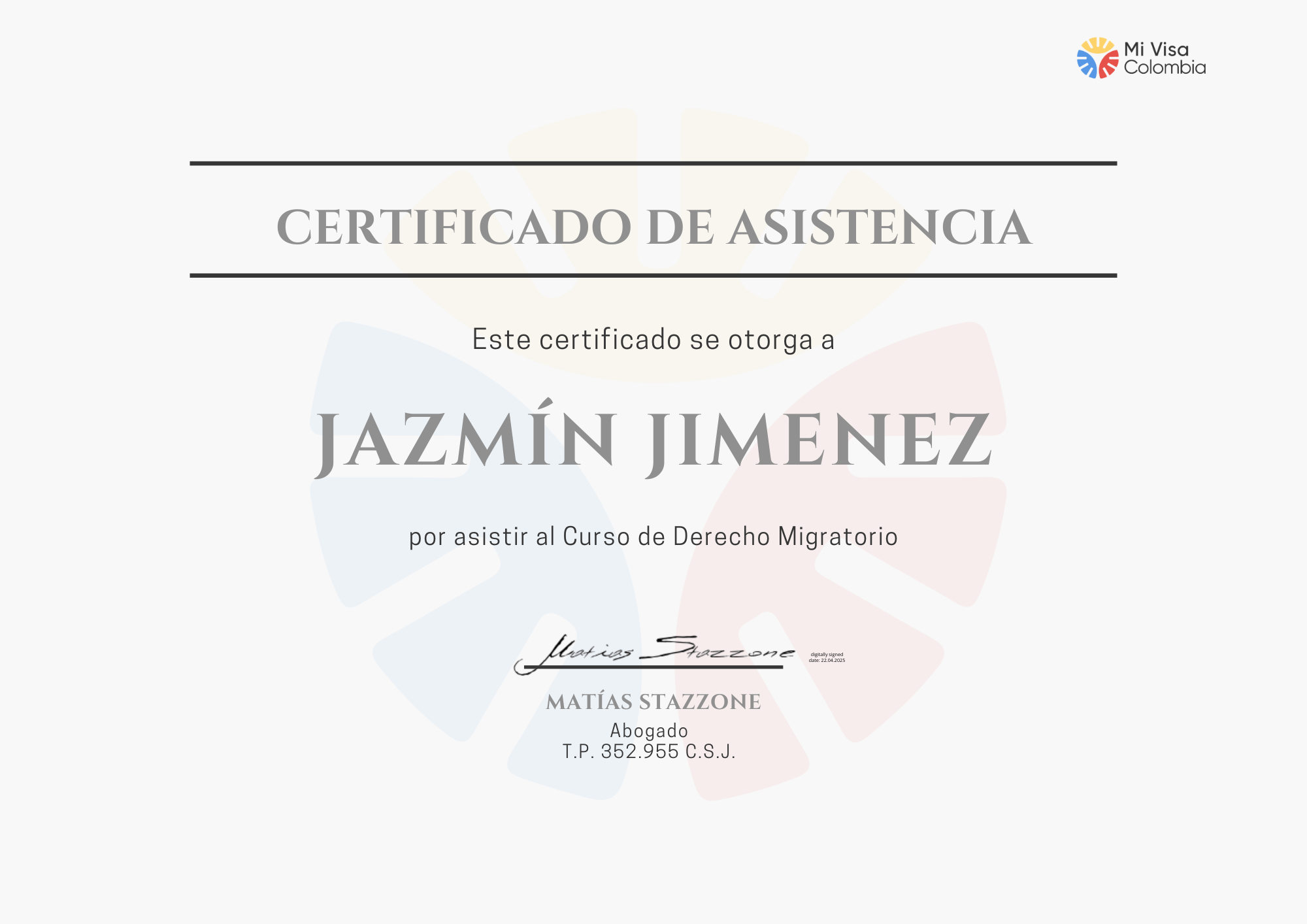Certificado de Asistencia — Curso de Derecho Migratorio