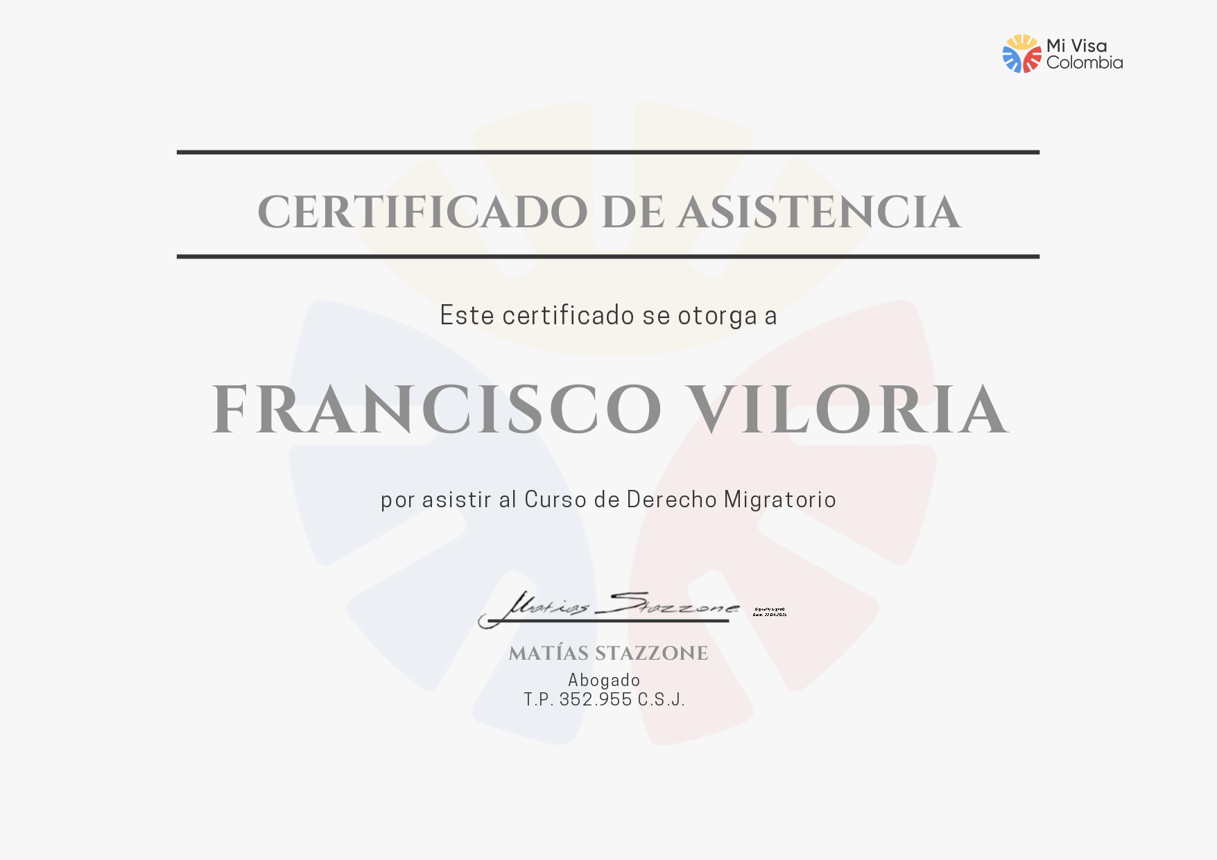 Certificado de Asistencia — Curso de Derecho Migratorio