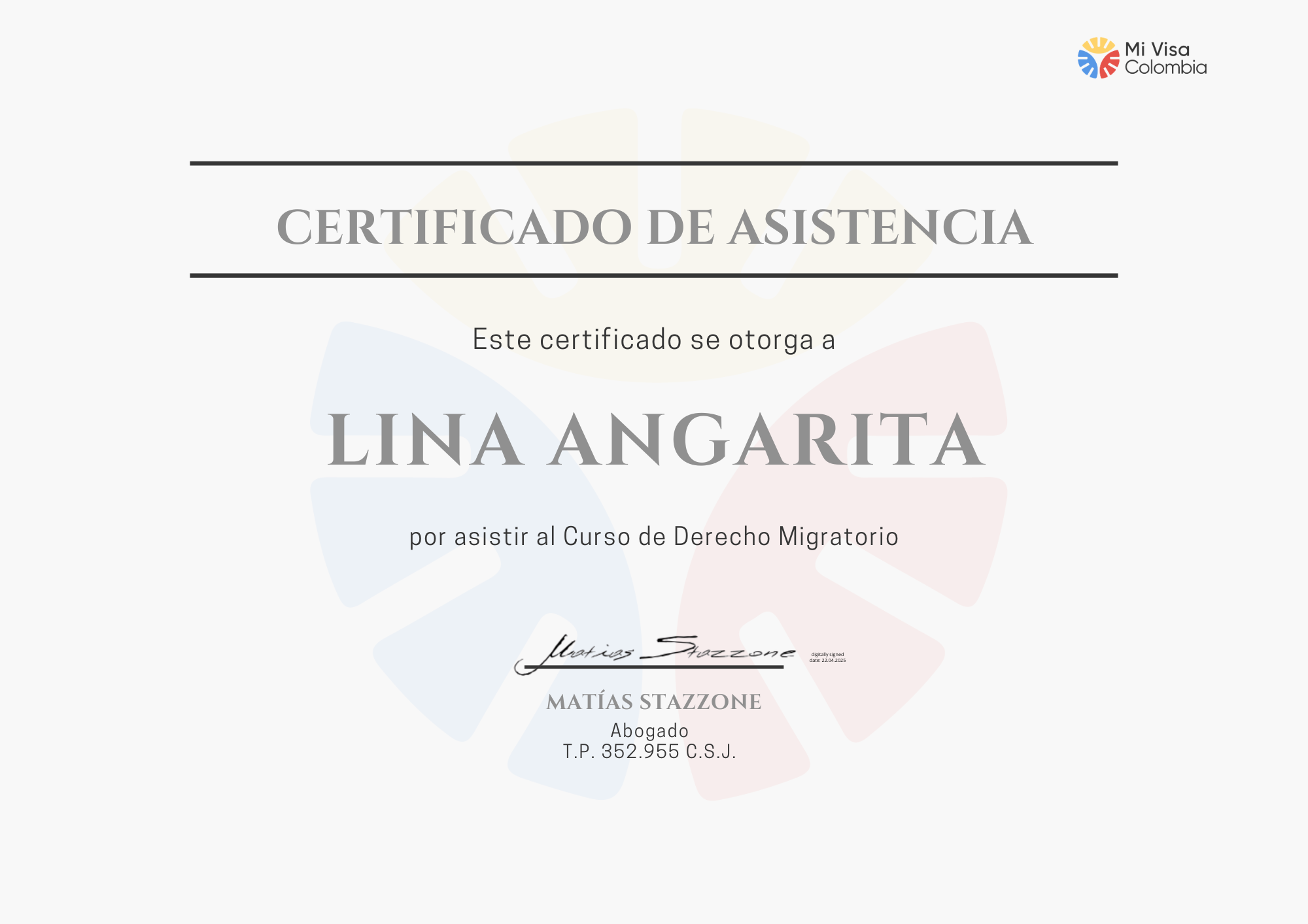 Certificado de Asistencia — Curso de Derecho Migratorio