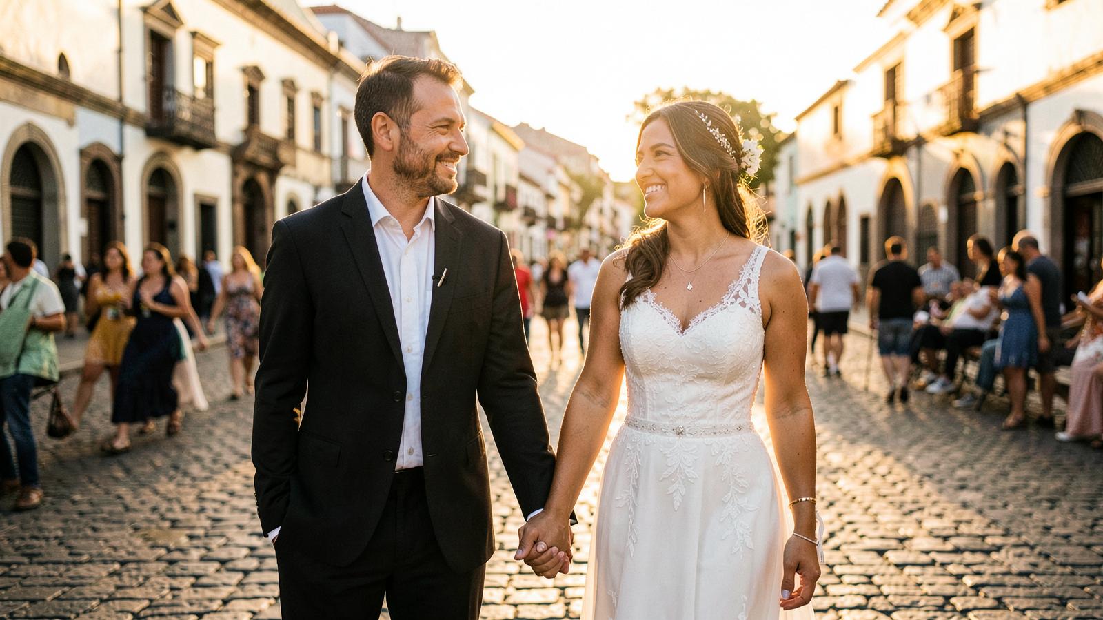 Pareja binacional caminando por una plaza colombiana al atardecer