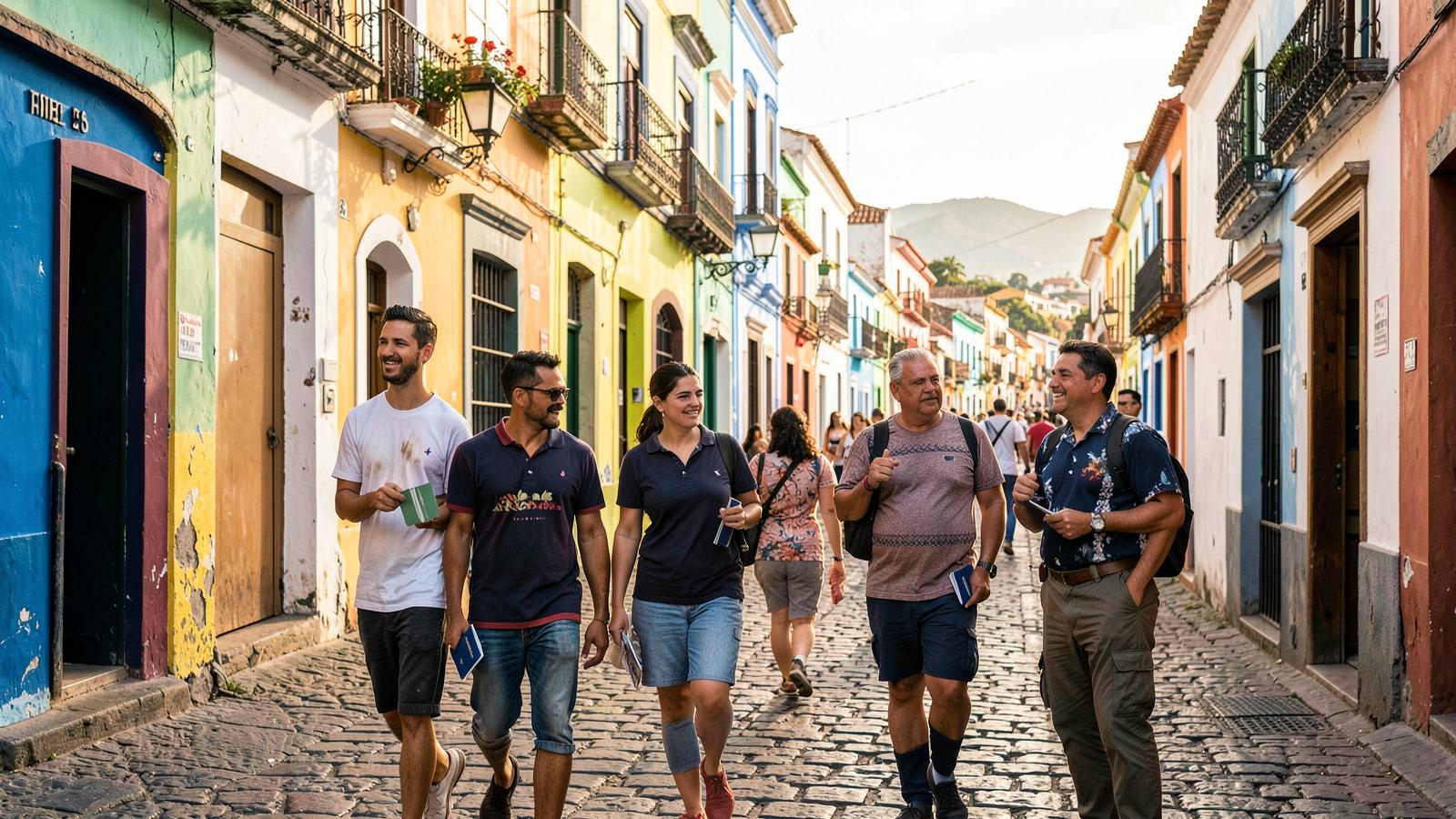 Ciudadanos suramericanos caminando por una calle colonial en Colombia