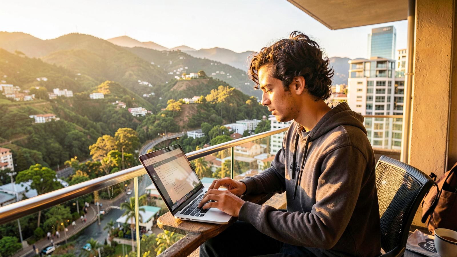 Nómada digital trabajando con vista a las montañas de Colombia